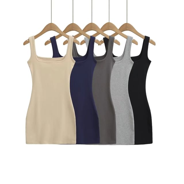 Asiris-Square-Neck Plain Mini Tank Dress
