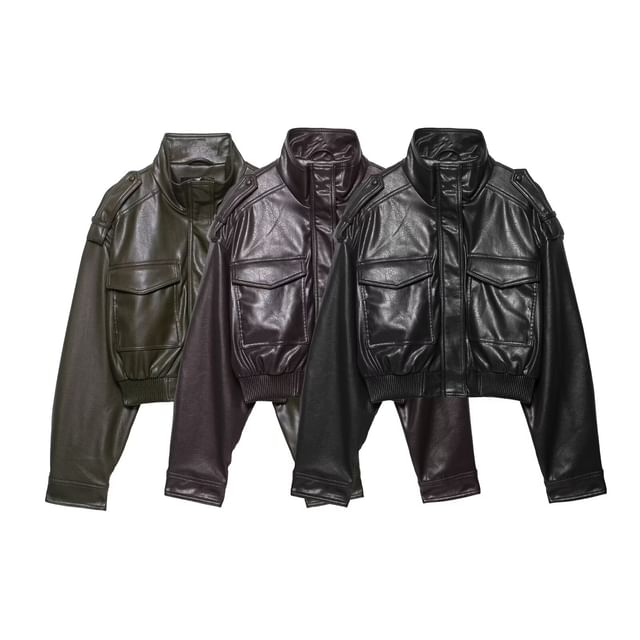 Asiris-Stand Collar Plain Faux Leather Cropped Zip Jacket