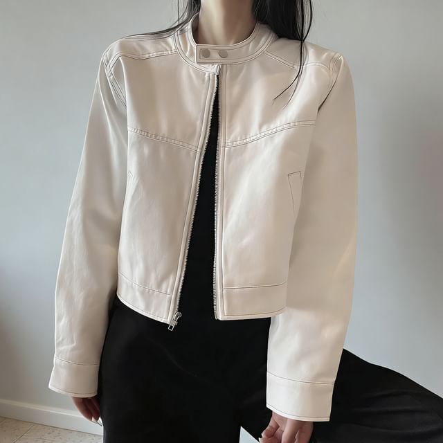 Asiris-Stand Collar Plain Faux Leather Zip Jacket