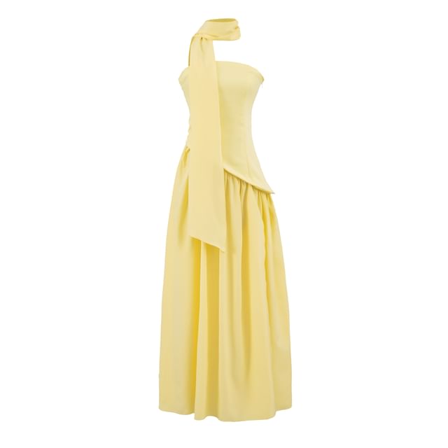 Asiris-Strapless Plain Asymmetrical Ruched Maxi A-Line Dress