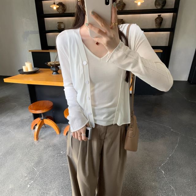 Asiris-V-Neck Button-Up Plain Cardigan
