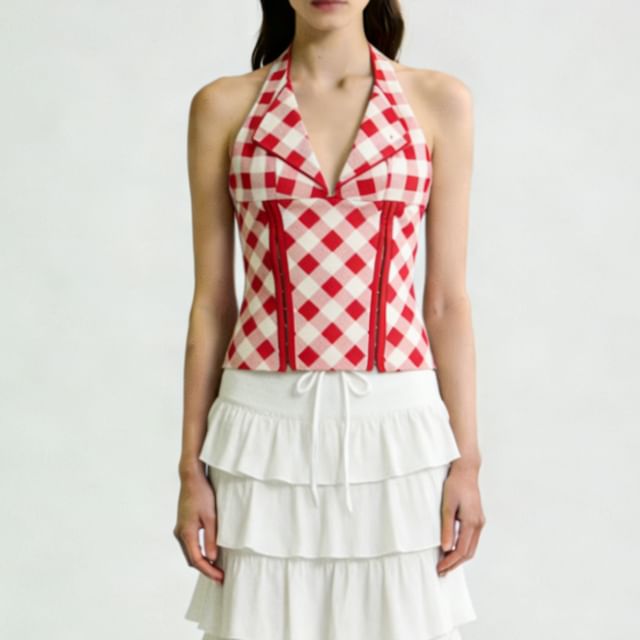 Asiris-V-Neck Gingham Halter Top