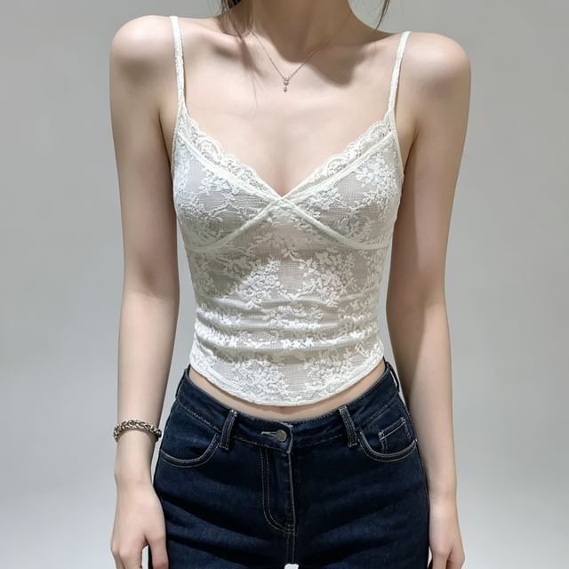 Asiris-V-Neck Lace Crop Camisole Top