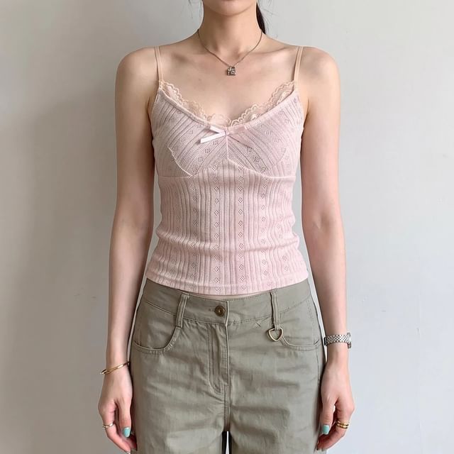Asiris-V-Neck Lace Trim Crop Camisole Top