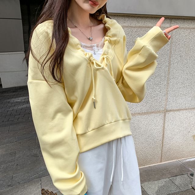 Asiris-V-Neck Plain Drawstring Hoodie