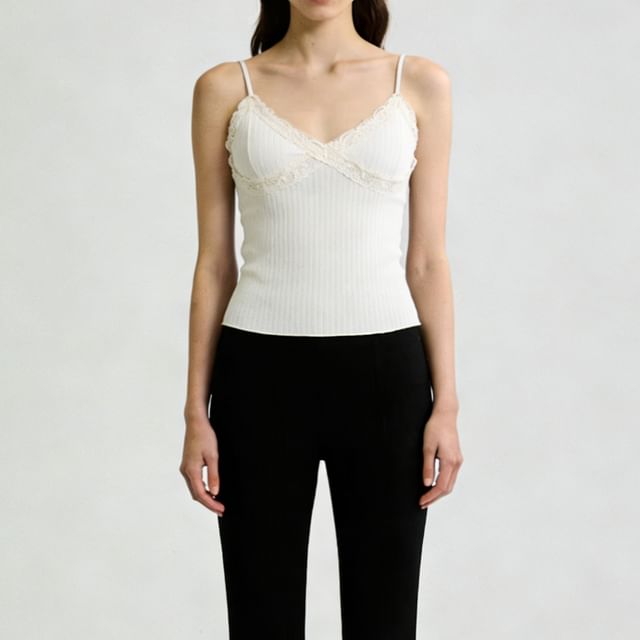 Asiris-V-Neck Plain Lace Trim Camisole Top