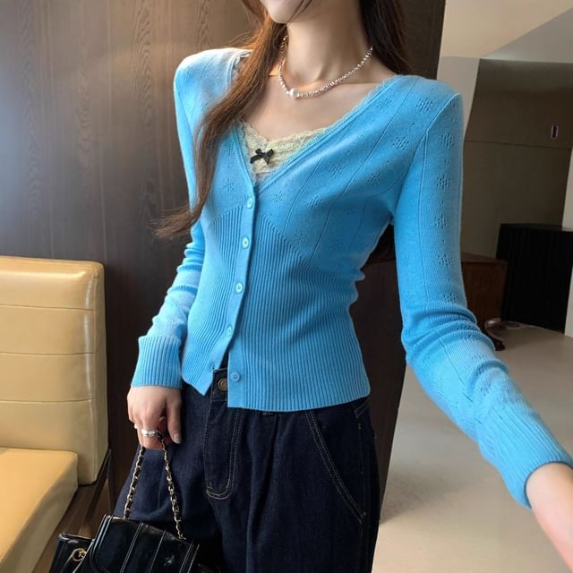 Asiris-V-Neck Plain Pointelle Lace Trim Cardigan