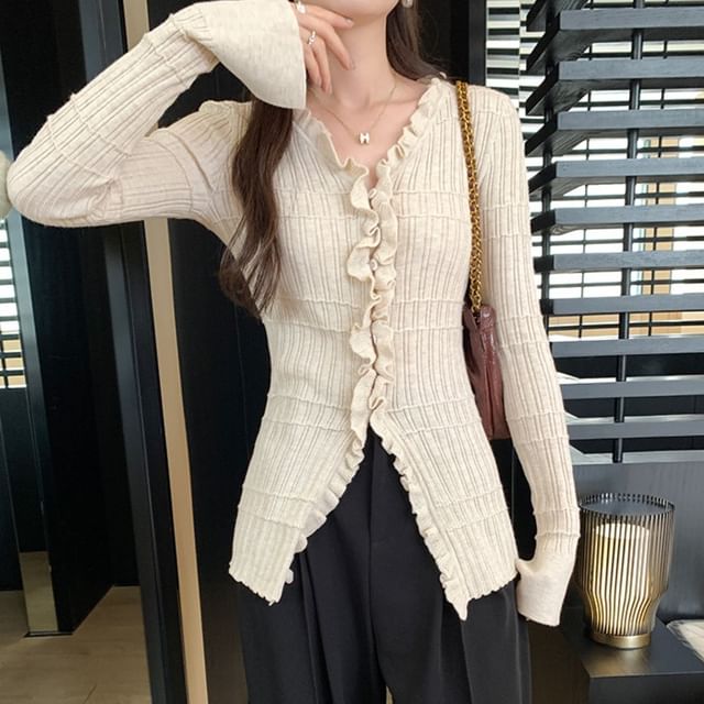 Asiris-V-Neck Plain Ruffle Ribbed Cardigan