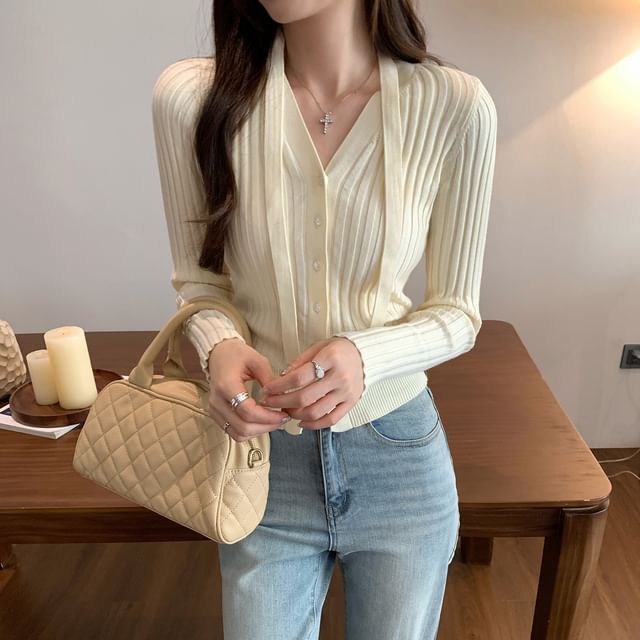 Asiris-V-Neck Plain Sash Ribbed Cardigan