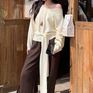 Asiris-V-Neck Plain Tie-Waist Sweater