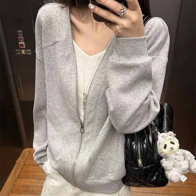 Asiris-V-Neck Zip-Up Plain Jacket