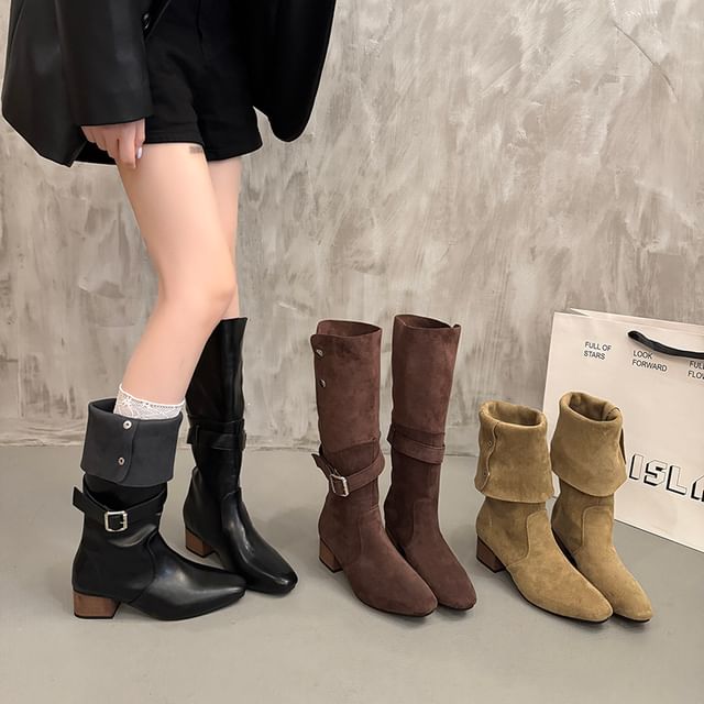 Asterisk-Buckled Chunky Heel Tall Boots