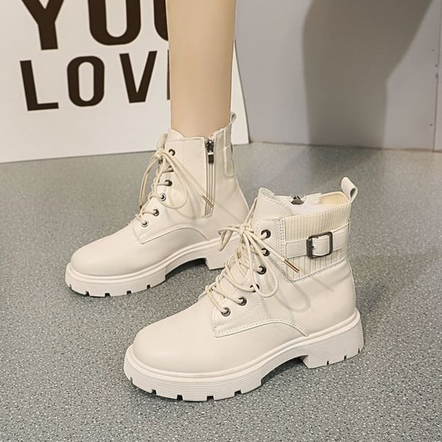 Asterisk-Buckled Lace-Up Short Boots