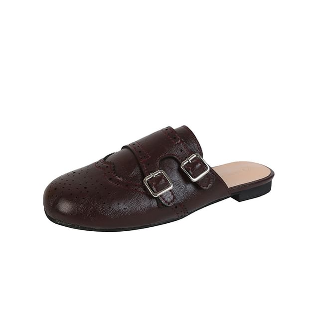 Asterisk-Faux Leather Buckled Mules