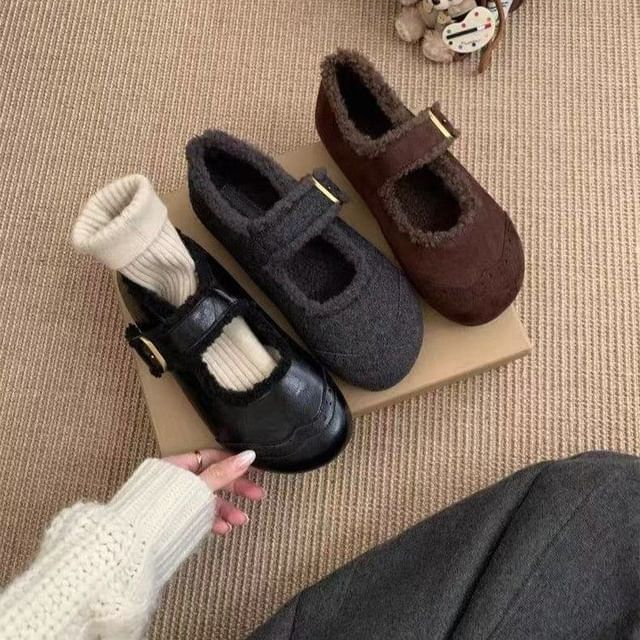 Asterisk-Plain Fleece Trim Mary Jane Shoes
