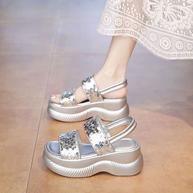 Asterisk-Platform Chunky Heel Sequined Sandals