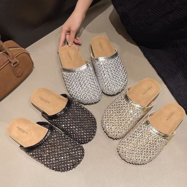 Asterisk-Rhinestone Mesh Mules