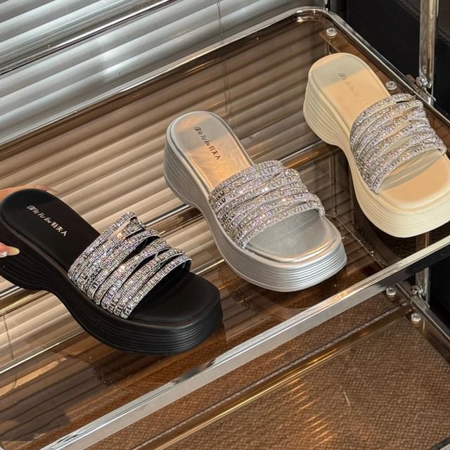 Asterisk-Rhinestone Platform Slide Sandals