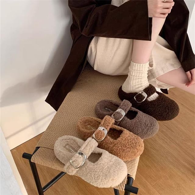 Asterisk-Round Toe Fleece Mary Jane Mules