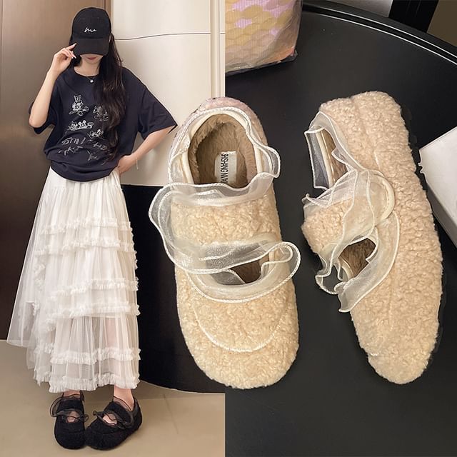 Asterisk-Round Toe Mesh Panel Fleece Mary Jane Shoes