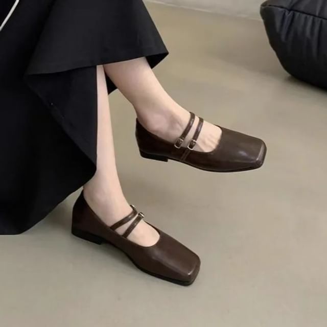 Asterisk-Square Toe Double Strap Plain Faux Leather Mary Jane Shoes