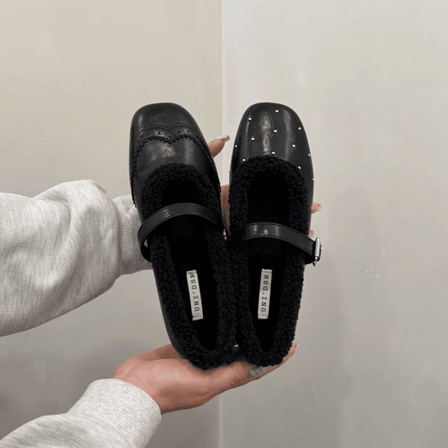 Asterisk-Square Toe Faux Leather Mary Jane Shoes