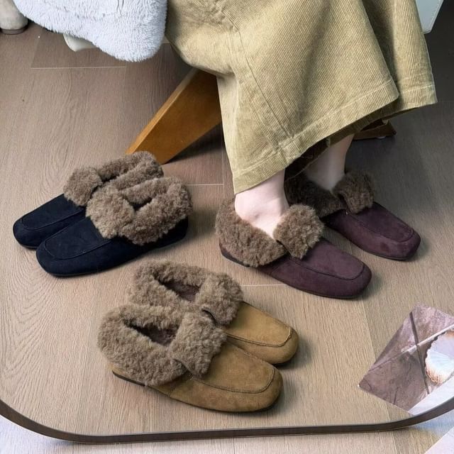 Asterisk-Square Toe Fleece-Lined Faux Suede Slip Ons