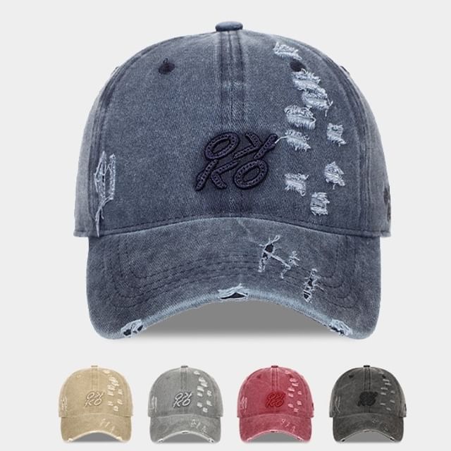 atenios-Lettering Embroidered Distressed Denim Baseball Cap