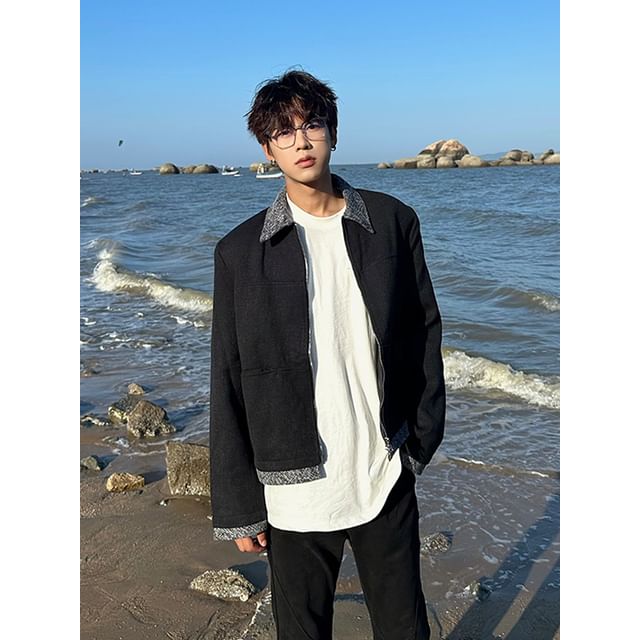 Ateso-Collared Melange Panel Zip Jacket