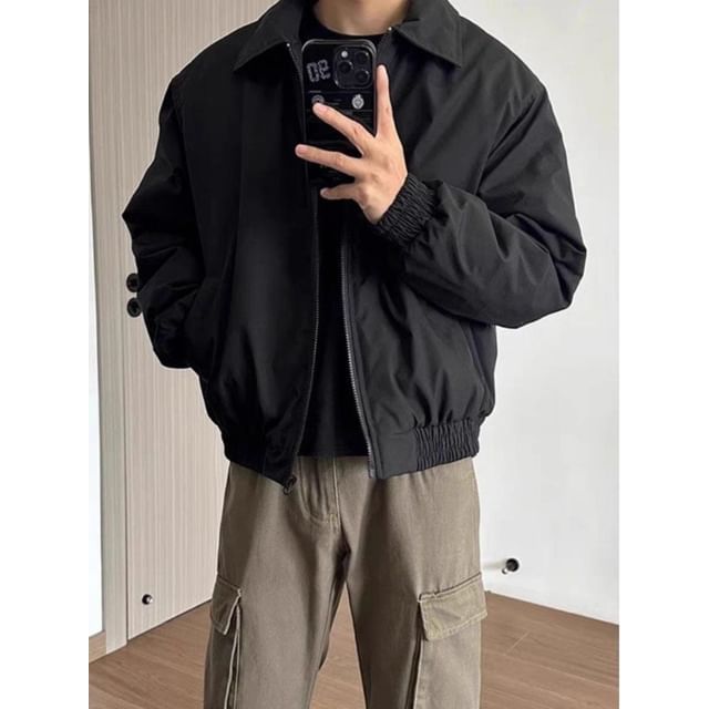 Ateso-Collared Plain Zip Jacket Short Sleeve Crew Neck Plain T-Shirt