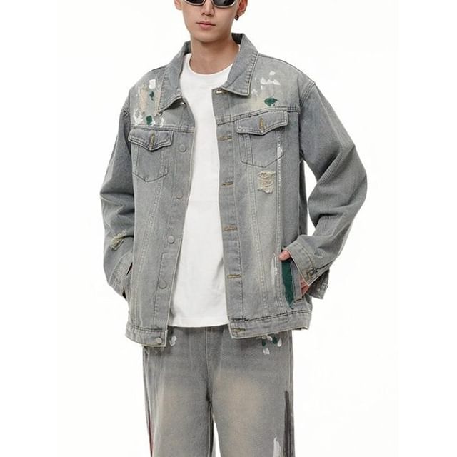 Ateso-Collared Washed Distressed Button-Up Denim Jacket