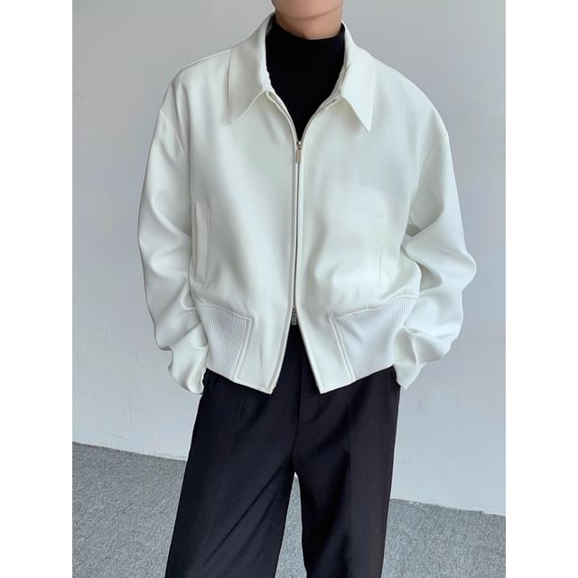 Ateso-Collared Zip-Up Plain Jacket