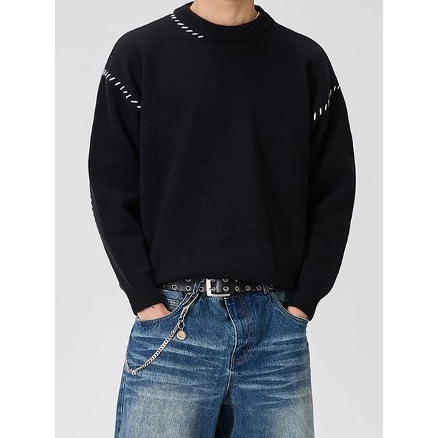 Ateso-Crew Neck Plain Contrast Stitching Sweater