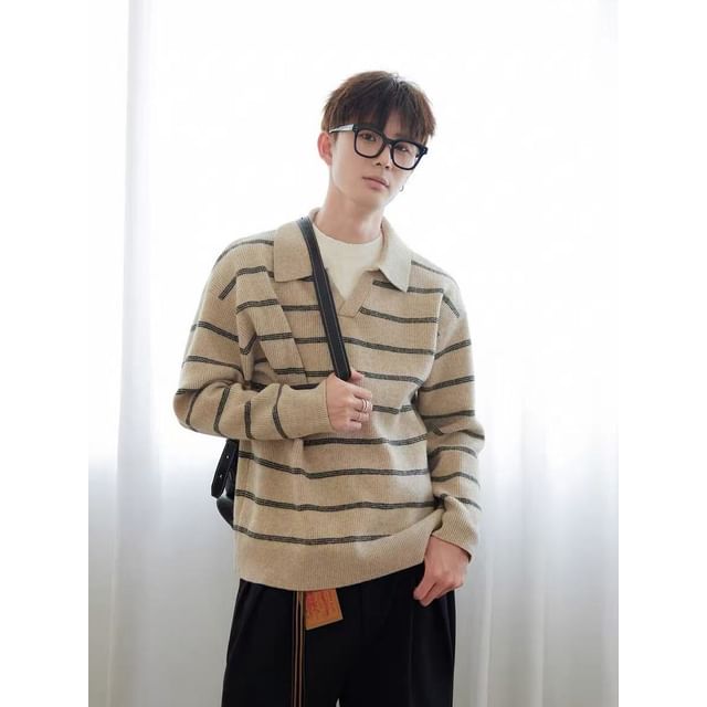 Ateso-Crew Neck Striped Mock Two Piece Polo Sweater