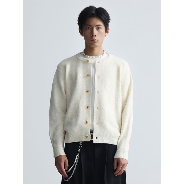 Ateso-Crewneck Button-Up Plain Cardigan