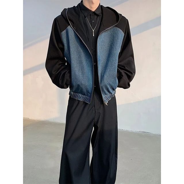 Ateso-Denim Panel Zip-Up Hoodie