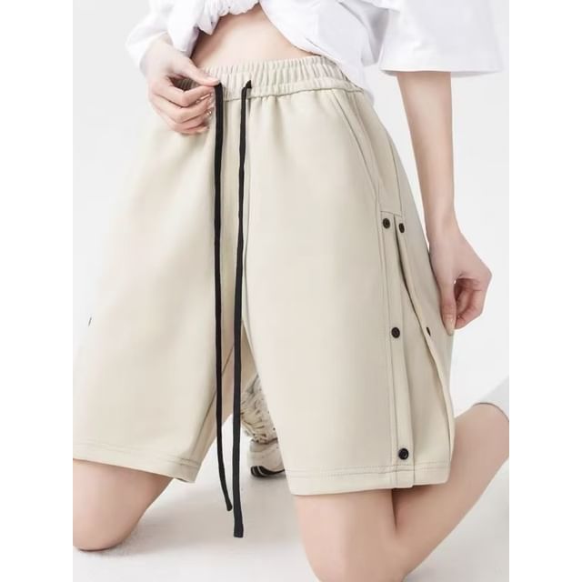 Ateso-Drawstring Waist Plain Panel Shorts Short Sleeve Crew Neck Plain T-Shirt