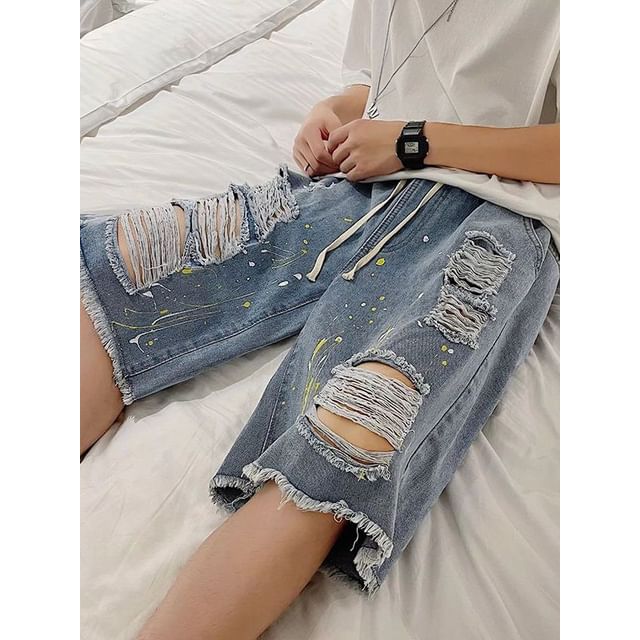 Ateso-Drawstring Waist Washed Paint Splatter Distressed Denim Shorts Short Sleeve Crew Neck Plain T-Shirt
