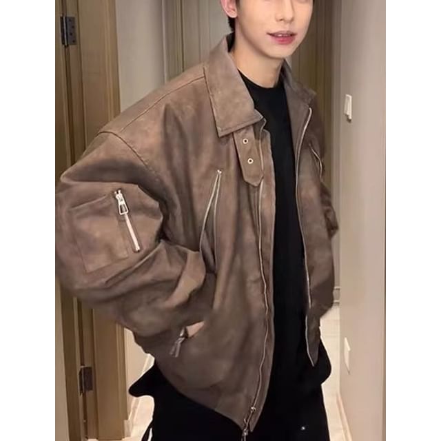 Ateso-Faux Leather Collared Zip-Up Jacket