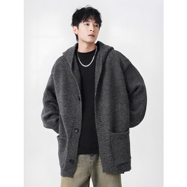 Ateso-Hooded Button-Up Plain Cardigan