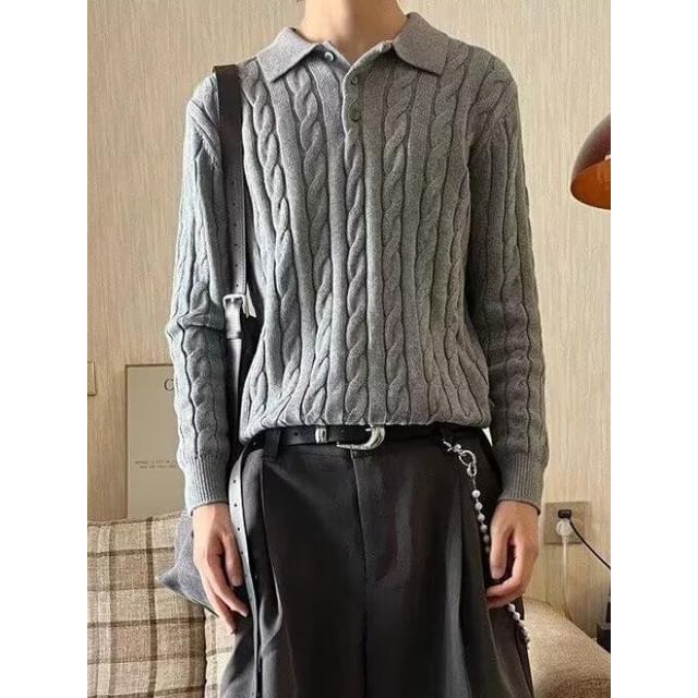 Ateso-Long-Sleeve Cable Knit Plain Polo Shirt