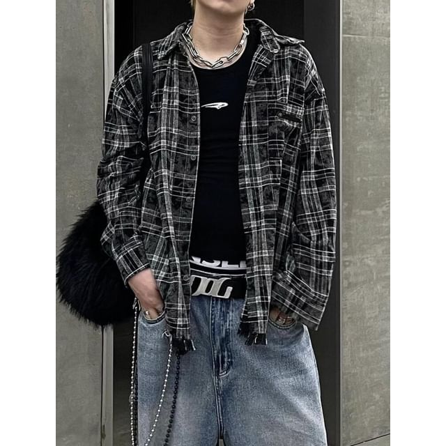 Ateso-Long Sleeve Collared Plaid Fray Shirt