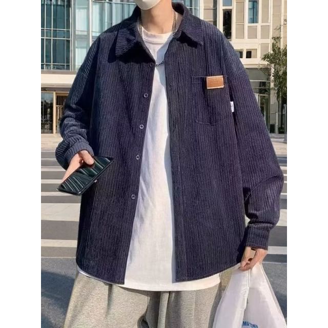 Ateso-Long Sleeve Collared Plain Corduroy Shirt