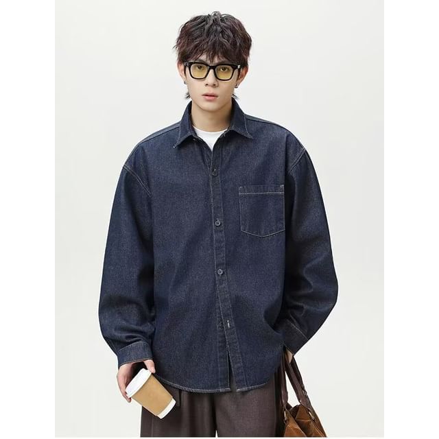 Ateso-Long Sleeve Collared Washed Denim Shirt