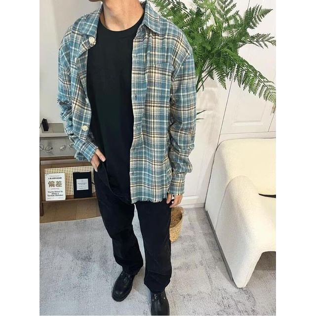 Ateso-Long-Sleeve Frayed Plaid Shirt