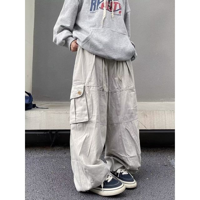 Ateso-Mid Rise Plain Panel Wide Leg Cargo Pants