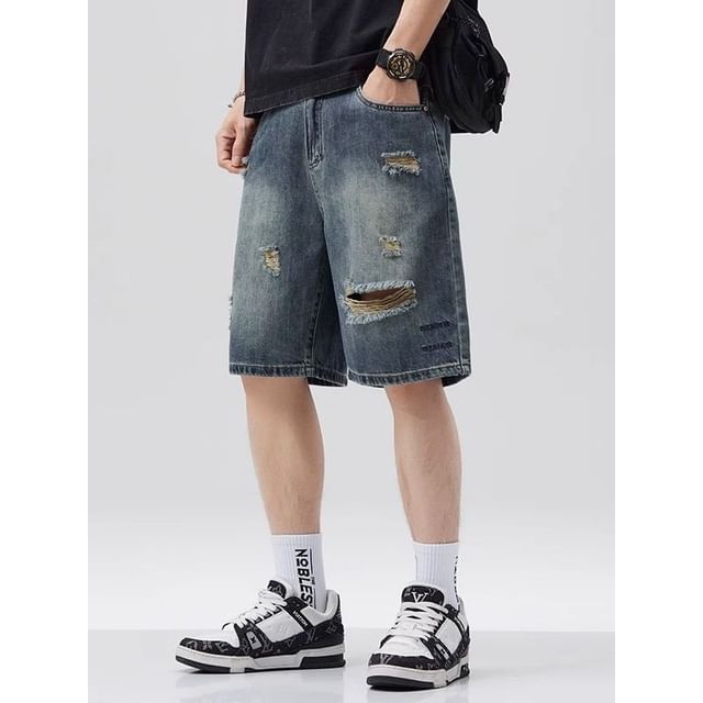 Ateso-Mid Rise Washed Distressed Denim Shorts