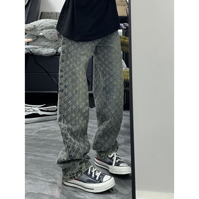 Ateso-Mid Rise Washed Jacquard Straight Leg Jeans