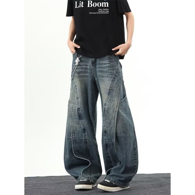 Ateso-Mid Rise Washed Panel Baggy Jeans
