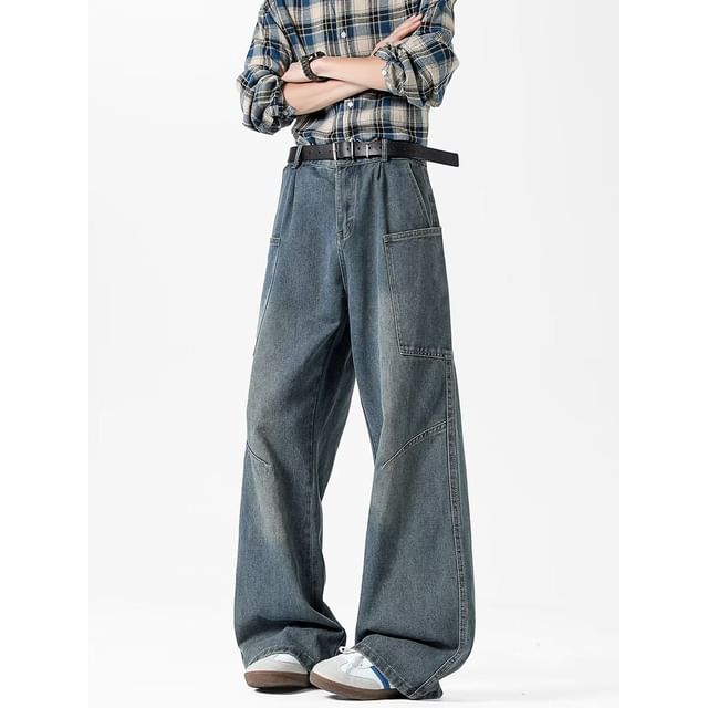 Ateso-Mid Rise Washed Wide Leg Cargo Jeans